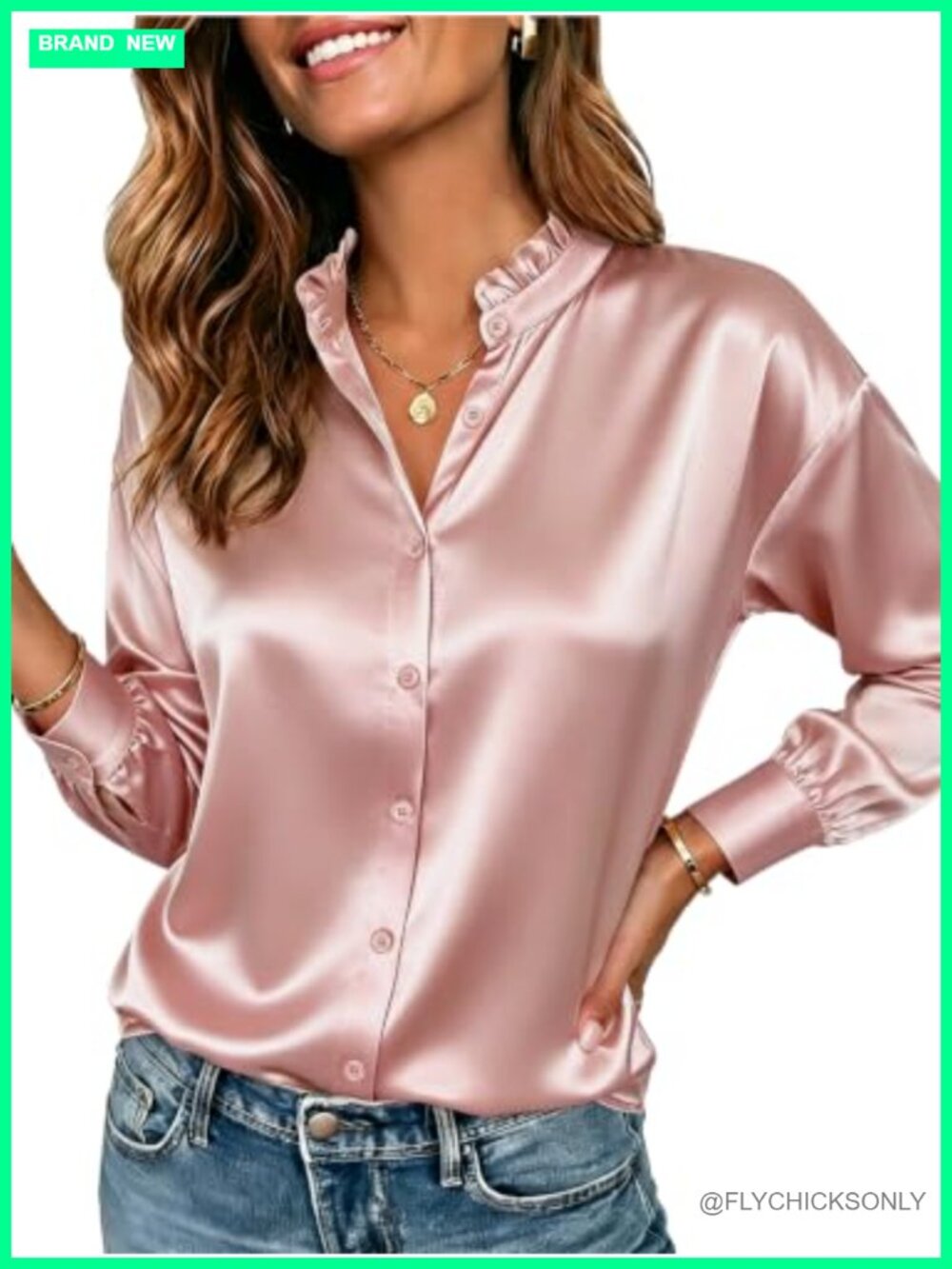 Satin Blouse Ruffle Collar Long Sleeve Button Down Shirt Loose Fit Business